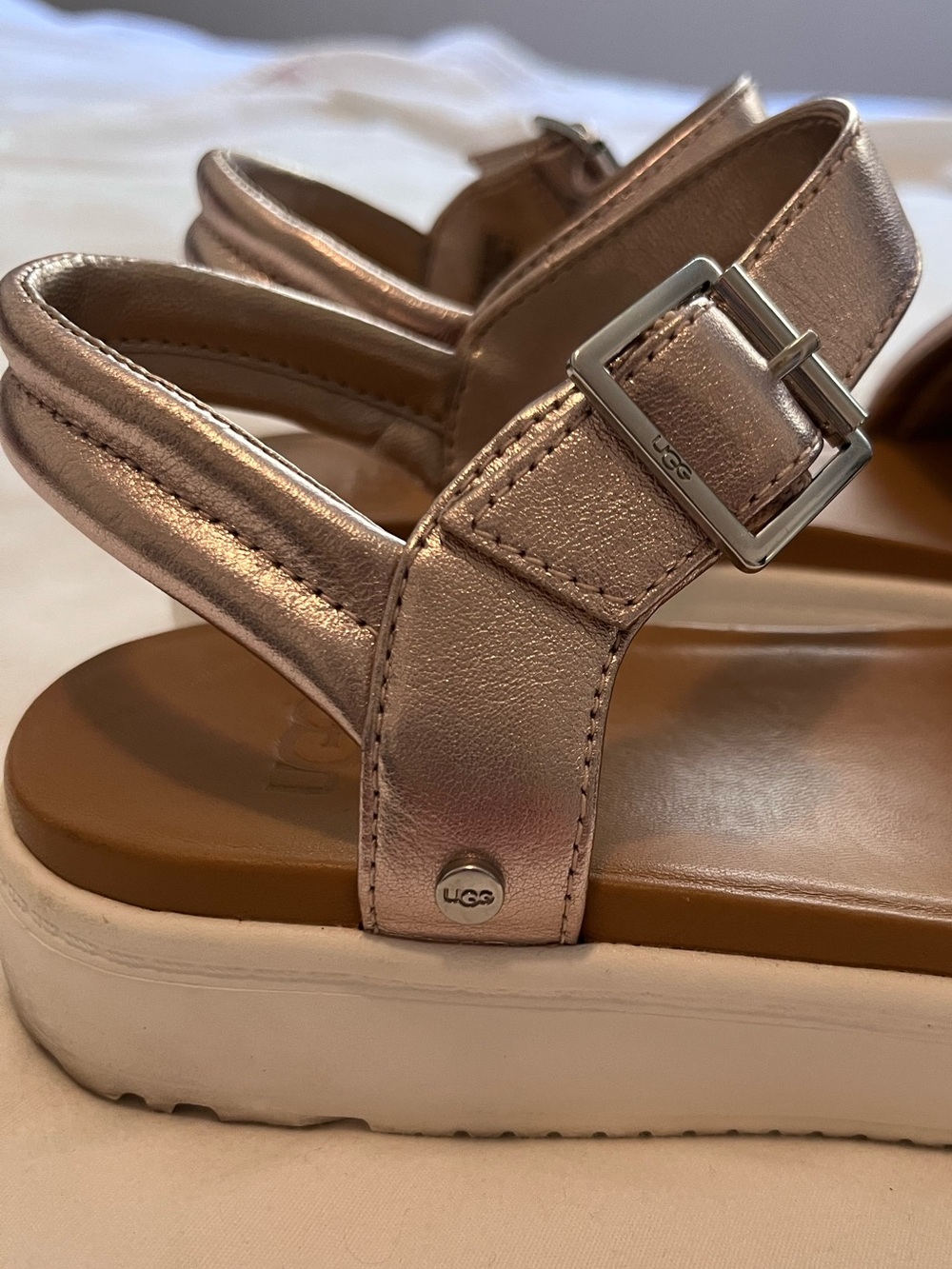 UGG Zayne Metallic Rose Gold Leather Ankle Strap Platform Sandals 7.5 - Picture 3 of 9